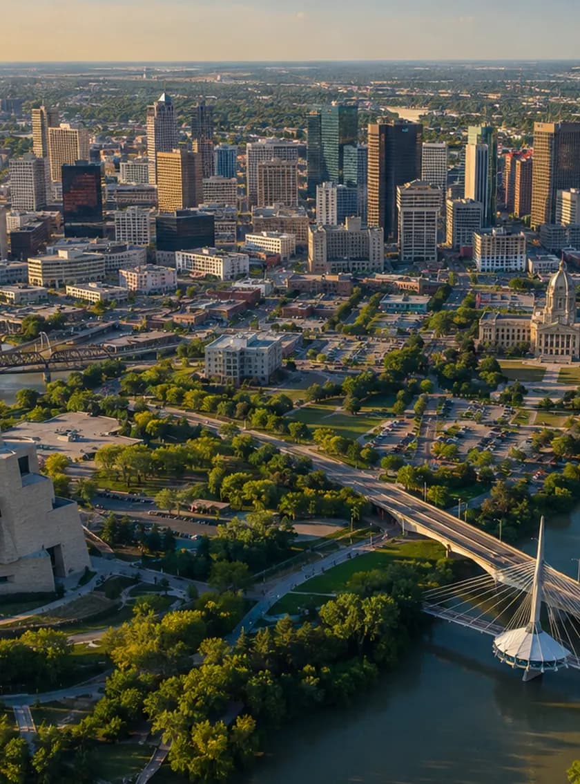 Downtown Winnipeg from the air at golden hour