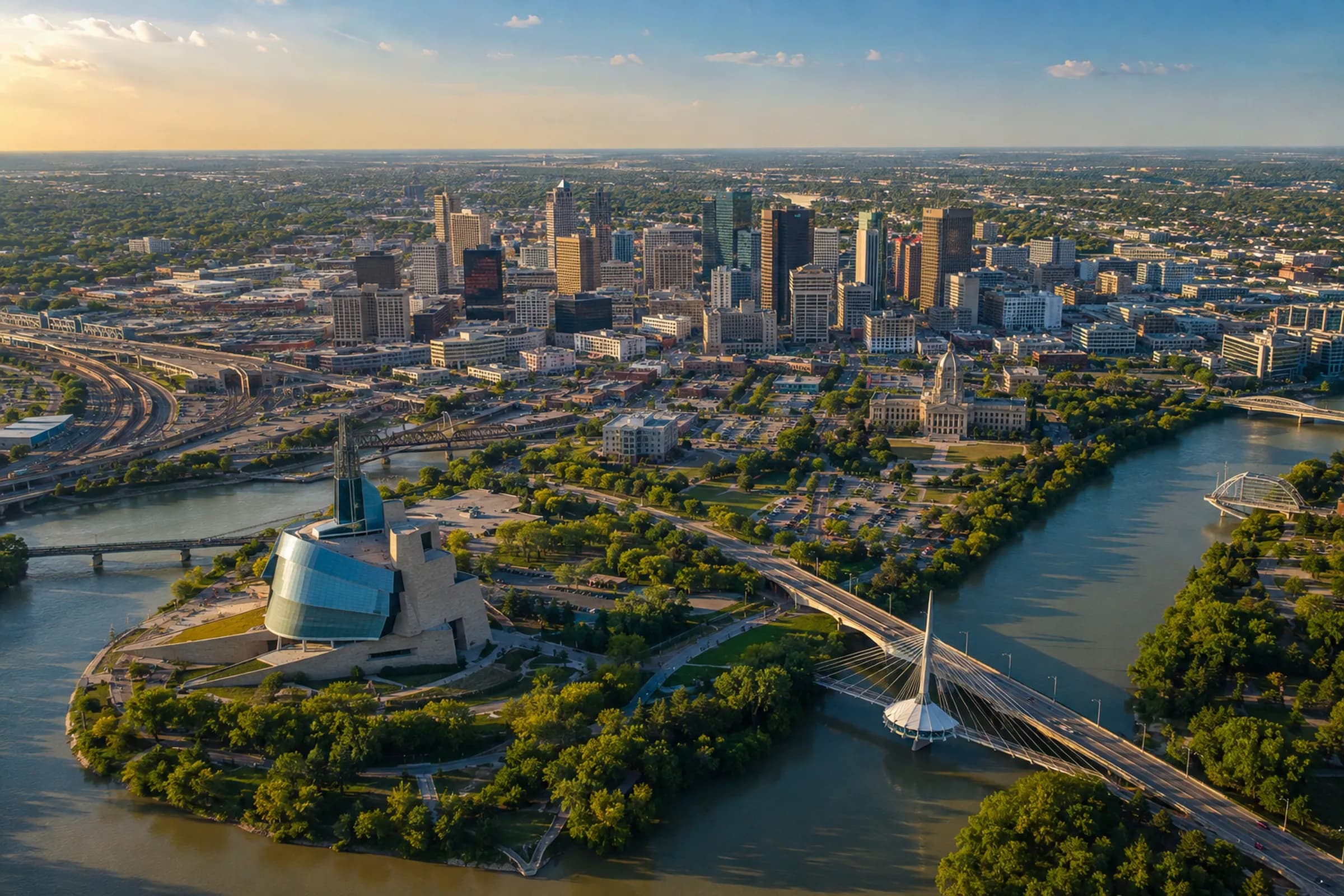 Downtown Winnipeg at golden hour, the Museum for Human Rights and the Esplanade Riel in the foreground